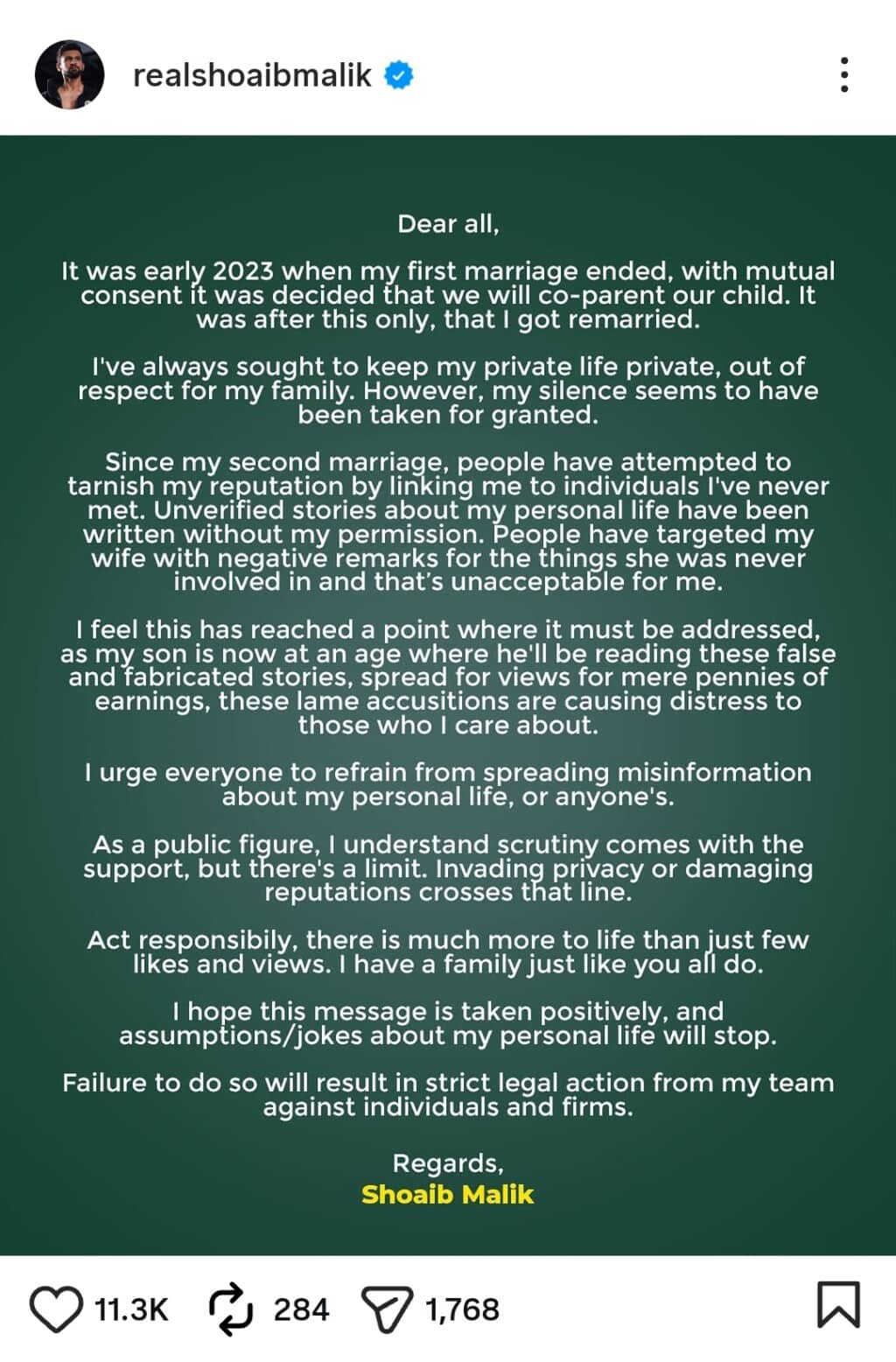 Shoaib Malik Issues a Statement Amid Third Marriage Rumors